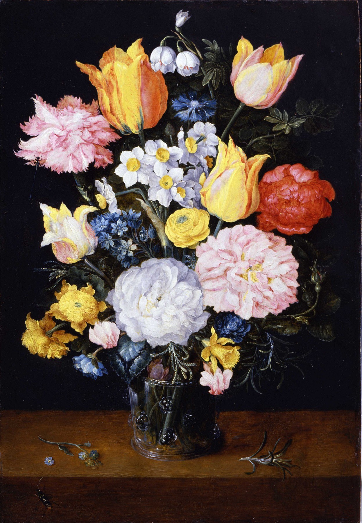 Still Life of Tulips, Roses and Other Flowers in a Glass Vase
