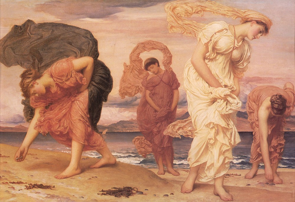 Greek Girls Picking Up Pebbles by the Sea
