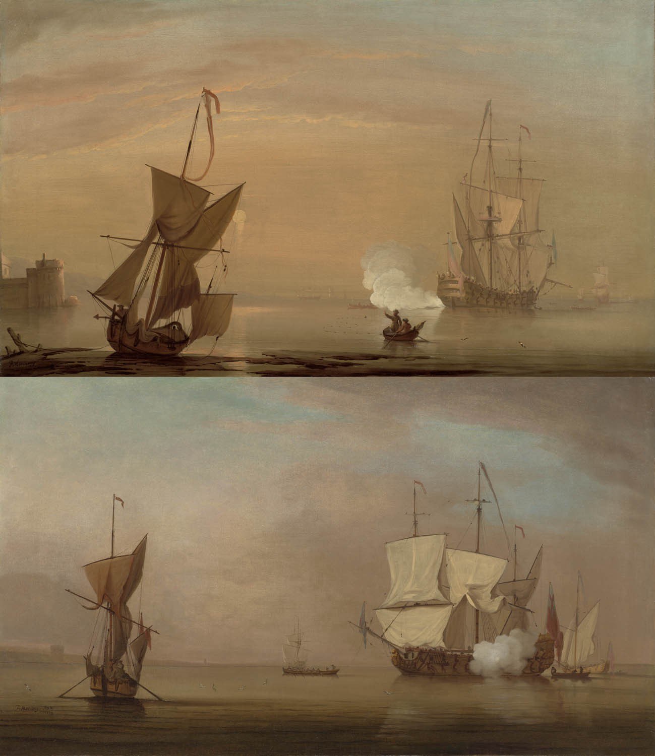 A Calm Estuary with a Two-Decker Man-of-War Saluting by a Fort at Sunset