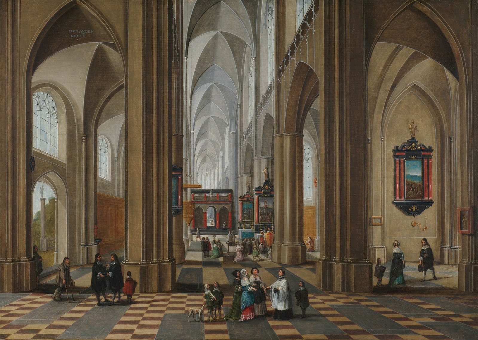 Interior of a Cathedral with Elegant Company and a Service in a Side Chapel