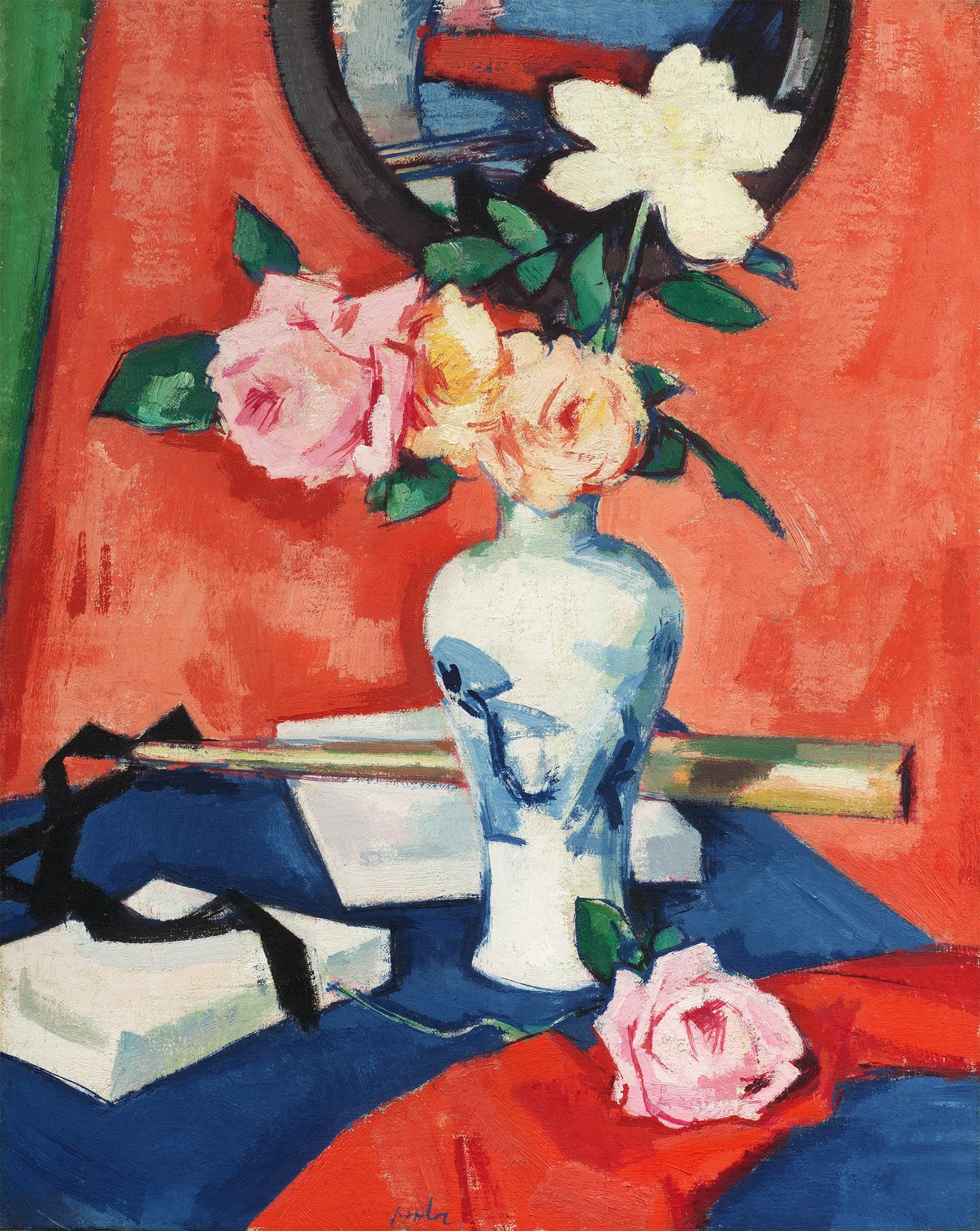 Roses in a Vase against an Orange Background