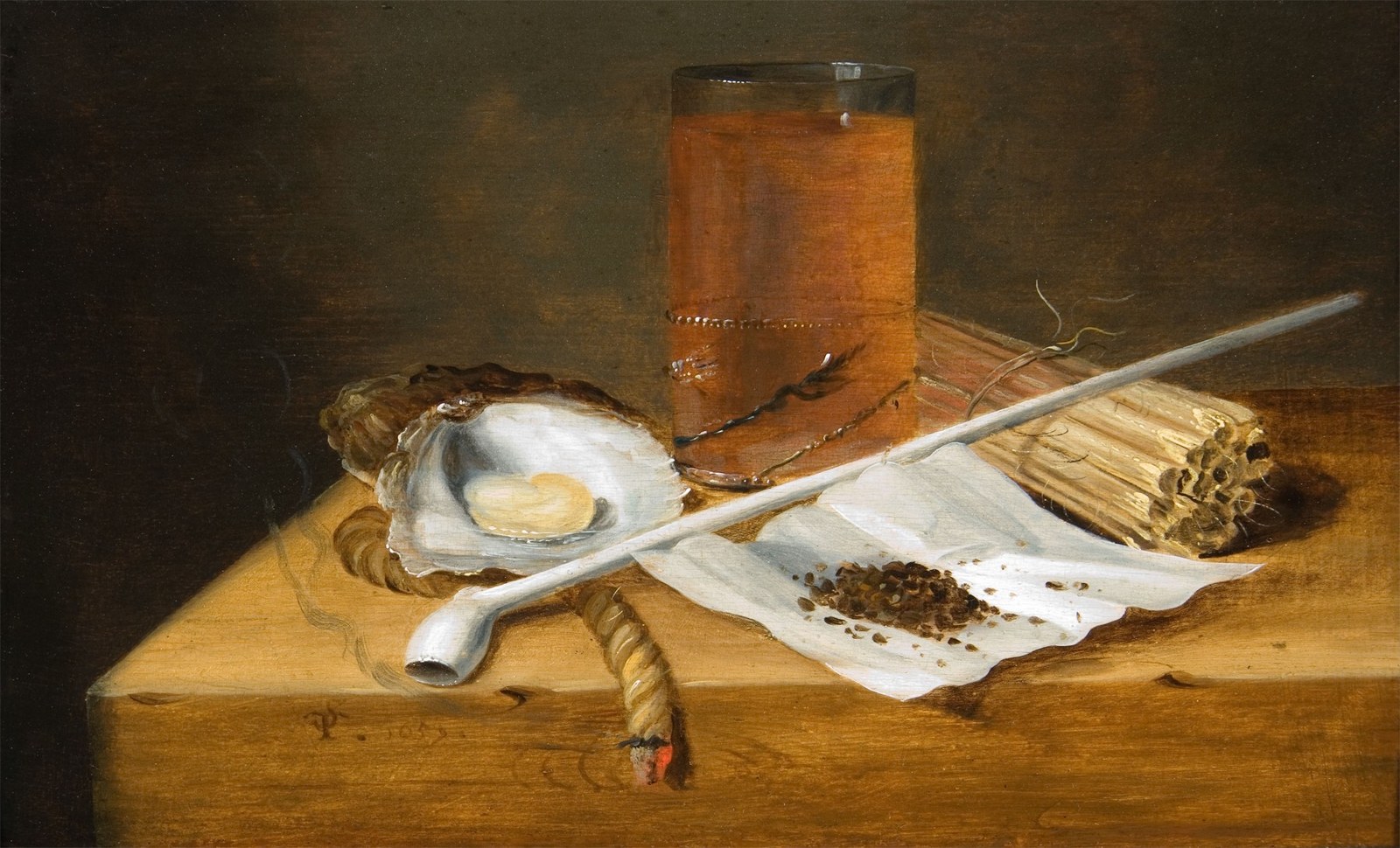 Tobacco Still Life with a Pipe, a Glass of Beer and Oysters