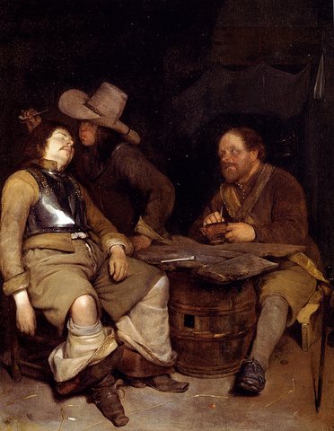 A Guard Room Interior With A Soldier Blowing Smoke In The Face Of His Sleeping C