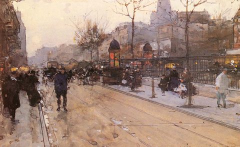 A Parisian Street Scene With Sacre Coeur In The