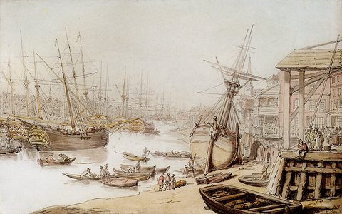 A View On The Thames With Numerous Ships And Figures On The Wharf