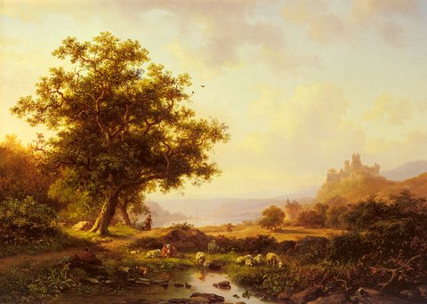 An Extensive River Landscape With A Castle On A Hill Beyond