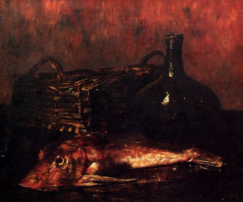 Antoine A Still Life With A Fish A Bottle And A Wicker Basket