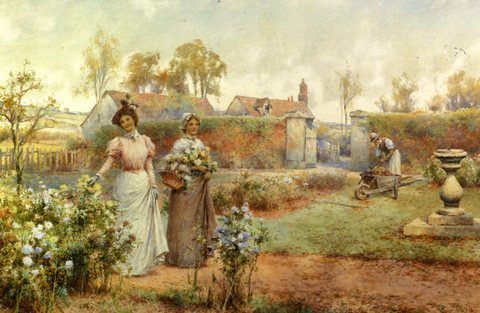 Augustus A Lady And Her Maid Picking Chrysanthemums