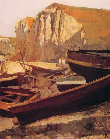 Barques au pied dune falaise en Normandie