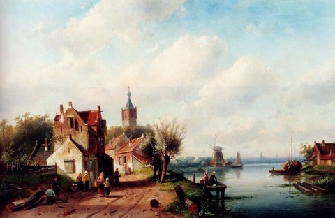 Charles A Village Along A River A Town In The Distance