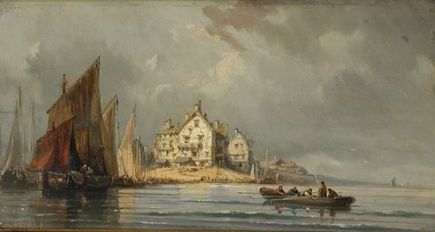Coastal landscape with Boats and Constructions