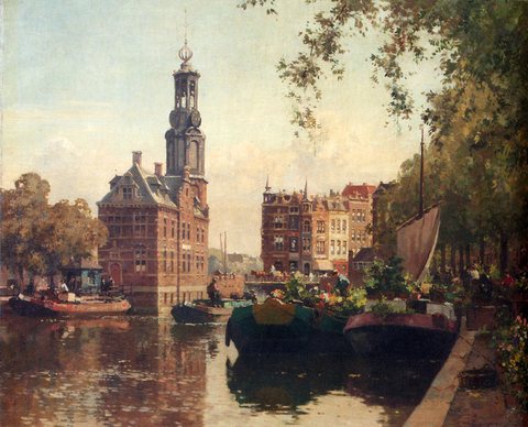 Cornelis The Flowermarket On The Singel Amsterdam With The Munttoren Beyond