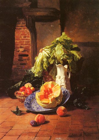 David Emil Joseph De A Still Life With A White Porcelain Pitcher Fruit And Vegetables