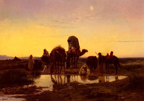 Eugene Alexis Camel Train By An Oasis At Dawn