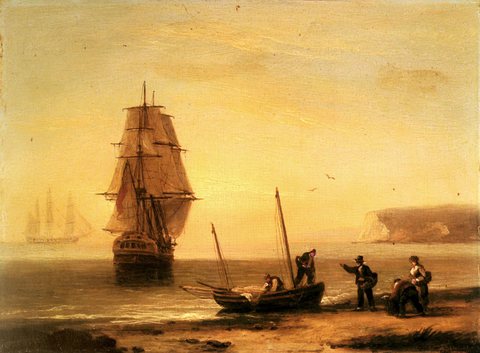 Fishermen Unloading The Catch With A Merchant Ship In Calm Water Off Brymer Bay Devon