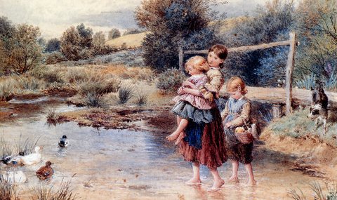 Foster Myles Birket Children Paddling In A Stream