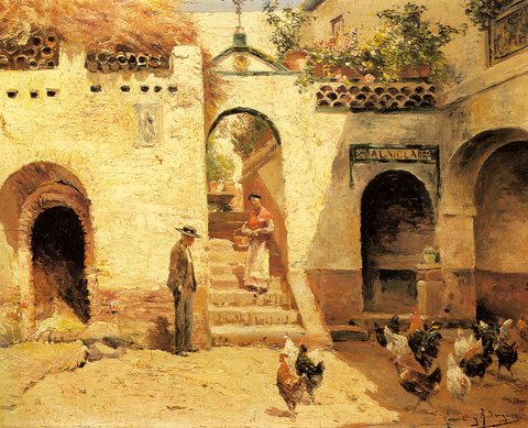 Garcia Y Rodriguez Manuel Feeding Poultry In A Courtyard