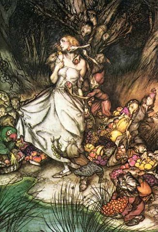 Goblin Market White and golden Lizzie stood