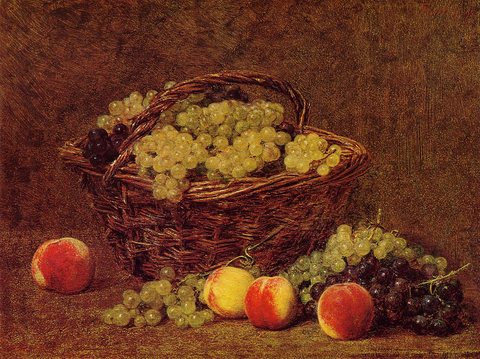 Henri Basket of White Grapes and Peaches