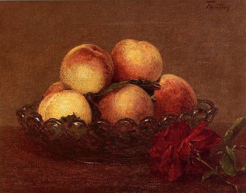 Henri Nature Morte Peches dans une coupe de verre une rose fonces avec des feuilles
