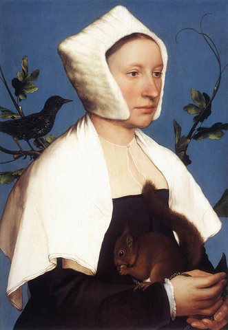 Holbien the Younger Portrait of a Lady with a Squirrel and a Starling