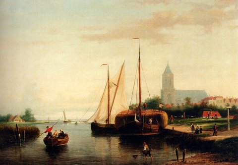 Hulk Johannes Frederik A Moored Haybarge And Other Shipping By A Bleach Field