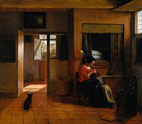 Interior with a Mother delousing her child-s hair known as -A Mother-s duty
