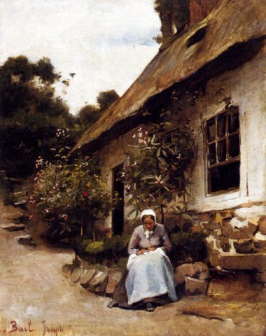 Joseph Woman Sewing In Front Of Her Cottage