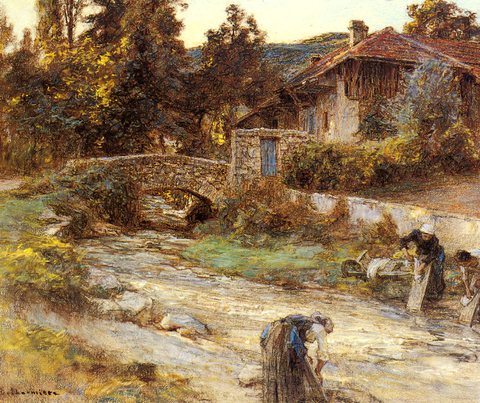 Lhermitte Leon Augustin Washerwomen At A Stream With Buildings Beyond