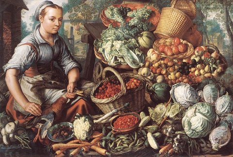 Market Woman With Fruit Vegetables And Poultry