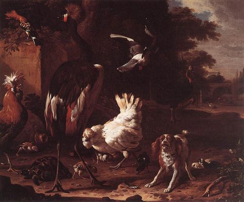 Melchior d Birds And A Spaniel In A Garden