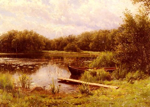 Monsted Peder Mork A Boat Moored On A Quiet Lake