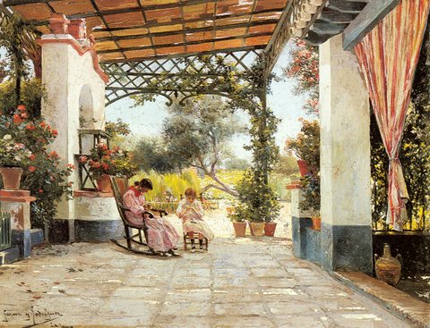 Mother And Daughter Sewing On A Patio