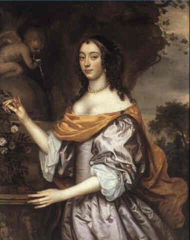 Portrait of a Lady standing three quarter length wearing a lavender silk dress with white sleeves and a yellow shawl