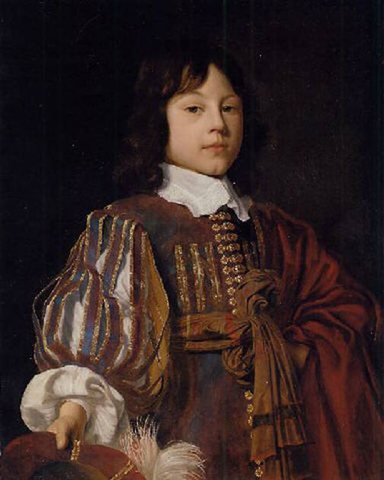 Portrait of a young gentleman in a burgundy doublet with slashed sleeves and a sash a feathered cap in hand