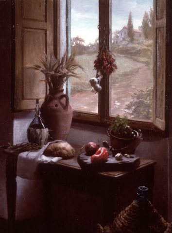 Still Life with a View Interior with Landscape through a Window