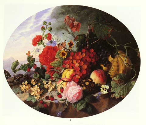 STILL LIFE WITH FRUIT AND FLOWERS ON A ROCKY LEDGE