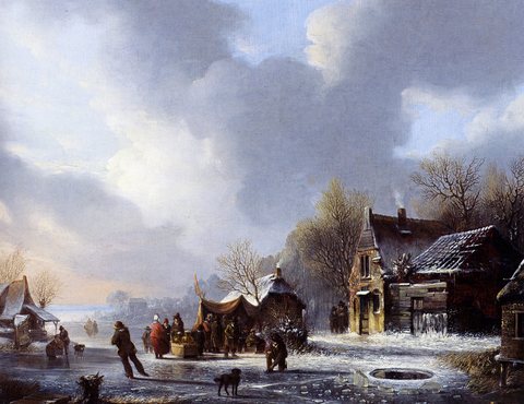 Stol Jacobus Van Der Skaters On A Frozen River Near A koek En Zopie