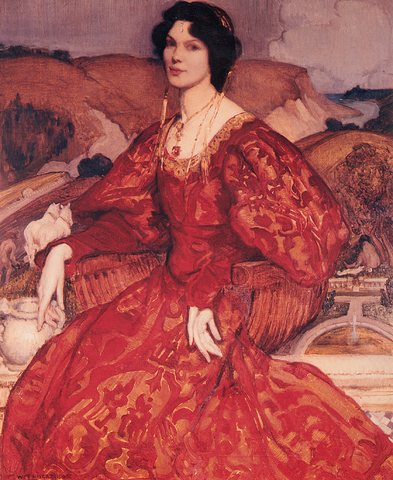 Sybil Walker in Red and Gold Dress