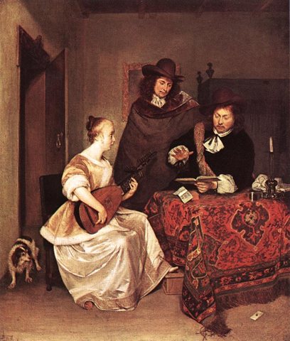 TERBORCH Gerard A Young Woman Playing A Theorbo To Two Men