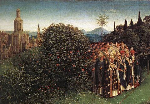 The Ghent Altarpiece Adoration of the Lamb detail top left