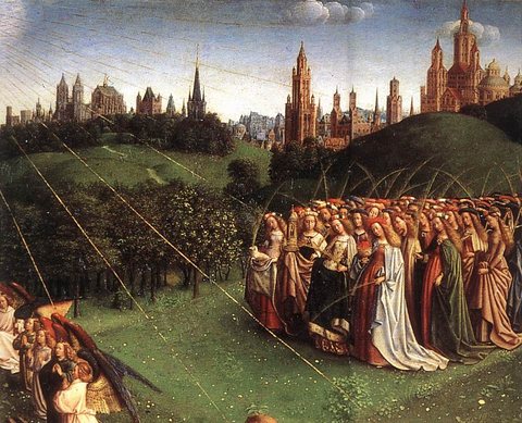 The Ghent Altarpiece Adoration of the Lamb detail top right