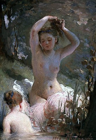 two girls bathing