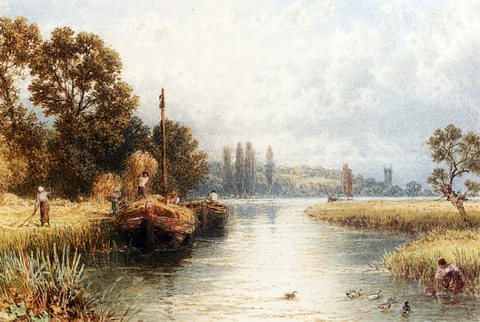 Foster Myles Birket Loading The Hay Barges With A Young Woman Taking Water