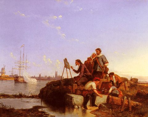Dommersen Pieter Cornelis Artist At His Easel With Shipping Beyond