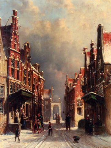 Petrus Gerardus A Town View In Winter With Figures Conversing On Porches