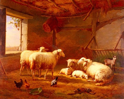 Joseph Sheep With Chickens And A Goat In A Barn