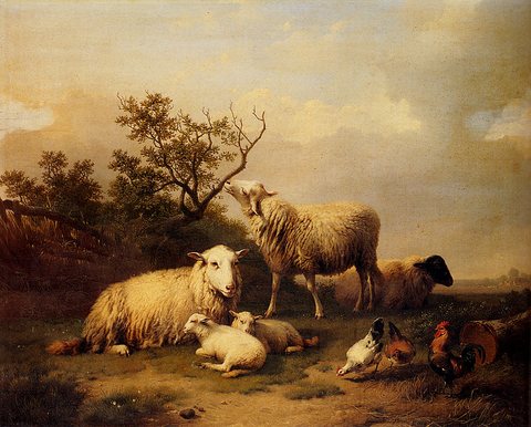 Joseph Sheep With Resting Lambs And Poultry In A Landscape