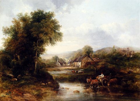 frederick Waters An Extensive River Landscape With A Drover In A Cart With His Cattle