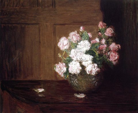 Weir Julian Alden Roses in a Silver Bowl on a Mahogany Table